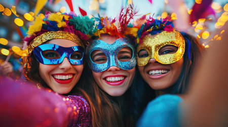 A playful image of friends wearing colorful carnival masks, posing for a selfie with smiles, surrounded by festive decorations that reflect the lively atmosphere.の素材