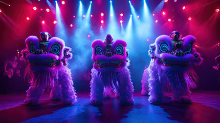 A mesmerizing image of a lion dance performance illuminated by colorful stage lights, creating a magical ambiance that highlights the artistry of the dancers.の素材