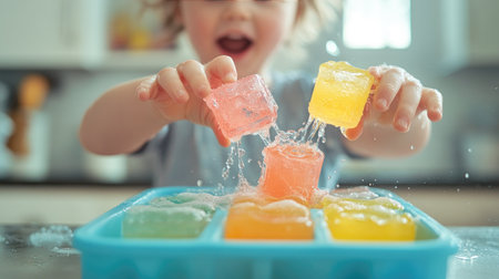 A playful image of a child filling a fun-shaped ice cube tray with juice, with a splash of color and joy, capturing the excitement of helping in the kitchen.の素材