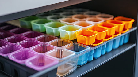 A fun and colorful shot of a variety of silicone ice cube trays stacked in a kitchen drawer, showcasing organization and creativity in kitchen tools.の素材