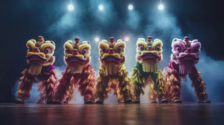 A group of lion dancers performing synchronized movements, their colorful costumes glistening under stage lights, creating a mesmerizing visual spectacle.の素材