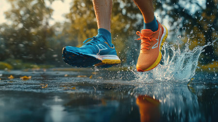 A playful scene featuring colorful sneakers splashing in a puddle during an outdoor run, evoking a sense of fun and adventure in training.の素材