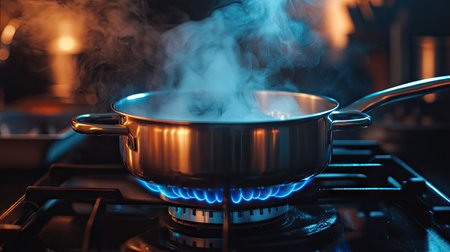 A pot on a gas stove, boiling rapidly, with steam rising and the blue flame visible beneath the pot, emphasizing the heat and energy.の素材