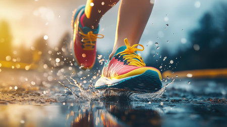 A playful scene featuring colorful sneakers splashing in a puddle during an outdoor run, evoking a sense of fun and adventure in training.の素材