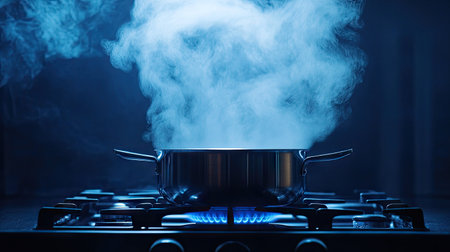 A pot on a gas stove, boiling rapidly, with steam rising and the blue flame visible beneath the pot, emphasizing the heat and energy.の素材