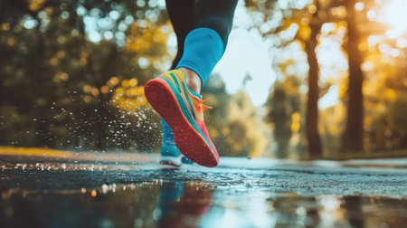 A dynamic action shot of a person wearing colorful sneakers mid-stride during a training session in a park, capturing movement and energy.の素材