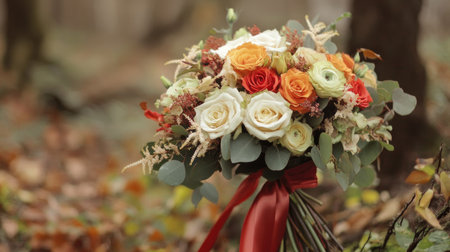 A satin ribbon wrapped around a bouquet of fresh flowers, enhancing the natural beauty and elegance of the arrangement with a touch of color.の素材