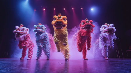 A group of lion dancers performing synchronized movements, their colorful costumes glistening under stage lights, creating a mesmerizing visual spectacle.の素材
