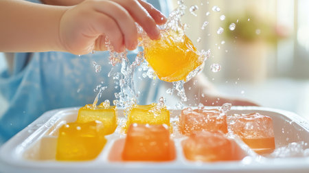 A playful image of a child filling a fun-shaped ice cube tray with juice, with a splash of color and joy, capturing the excitement of helping in the kitchen.の素材