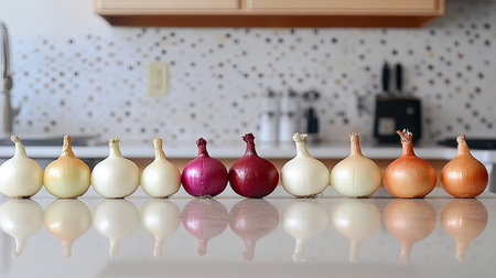 A row of neatly arranged raw onions of different colors--white, red, and yellow--on a clean kitchen counter, ready for cooking.の素材