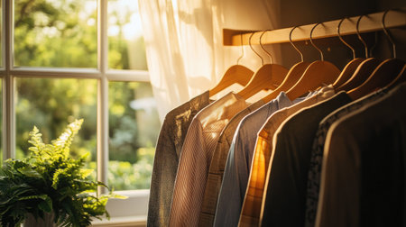 A row of freshly ironed shirts hanging on wooden hangers in a bright, airy closet, with soft natural light streaming through a window.の素材