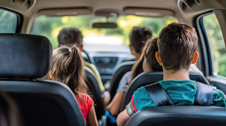 A rear view of passengers in a car, all buckled up with seatbelts, showcasing a family outing with an emphasis on safety.の素材