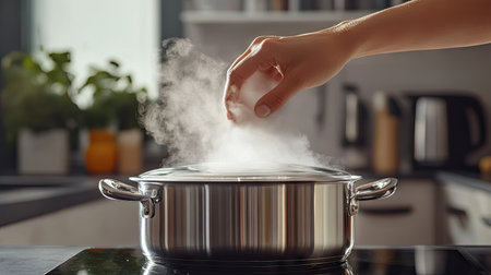 A hand reaching to lift the lid off a boiling pot, releasing a cloud of steam into the air, with blurred kitchen elements in the background.の素材