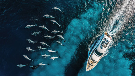 A playful aerial shot of a yacht surrounded by playful dolphins swimming alongside, creating a lively and joyful marine atmosphere.の素材