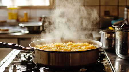 A pot of pasta boiling over, with water bubbling and steam filling the air, creating a sense of hurried cooking in a busy kitchen.の素材