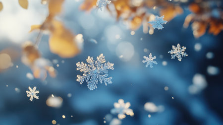A photograph of snowflakes falling gently through the air, with several flakes in focus, showing their intricate crystalline shapes in mid-flight.の素材
