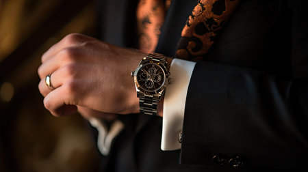 A man adjusting his cufflinks, with a sleek watch visible on his wrist, dressed in a tailored suit and ready for a formal event.の素材