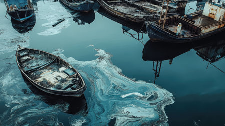 A polluted harbor with oil floating on the surface and boats docked nearby, emphasizing the role of human activity in water contamination.の素材