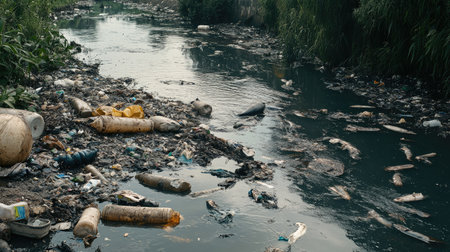 A river heavily polluted with floating garbage and a visible oil sheen, with dead fish near the surface, showcasing water pollution's deadly impact.の素材