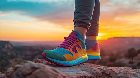 A person stretching in colorful sneakers at sunrise, with a scenic outdoor background, conveying a sense of peace and motivation for training.の素材