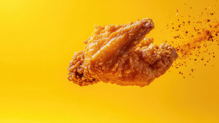 A piece of fried chicken wing suspended in motion, with a trail of spices and crumbs following, against a bright yellow-orange gradient background.の素材
