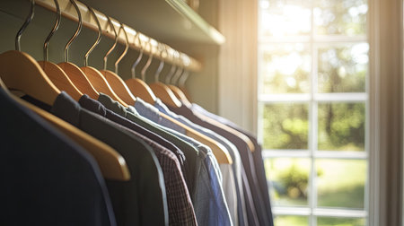 A row of freshly ironed shirts hanging on wooden hangers in a bright, airy closet, with soft natural light streaming through a window.の素材