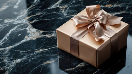 A luxurious gift box adorned with a large satin ribbon bow, placed on a marble table, with reflections adding depth and elegance to the scene.の素材
