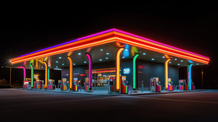 A nighttime shot of a gas station illuminated with bright lights, highlighting the contrast between the darkness and the vibrant colors of the pumps and store.の素材