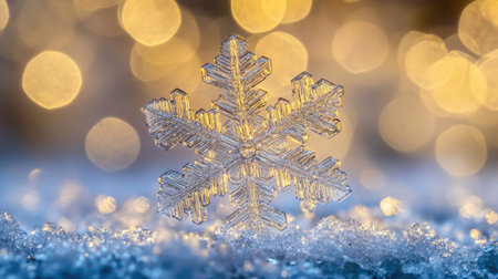 A macro shot of a large snowflake resting on ice, with its detailed crystal structure catching the soft light, set against a blurred winter background.の素材