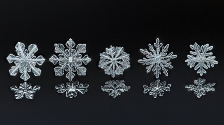 A photograph of individual snowflakes on a car window, each one displaying its unique crystal pattern against a cold, glassy surface.の素材