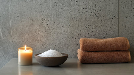 A minimalist spa setup with a single candle, a small bowl of bath salts, and a soft towel, arranged on a sleek stone surface, promoting relaxation.の素材