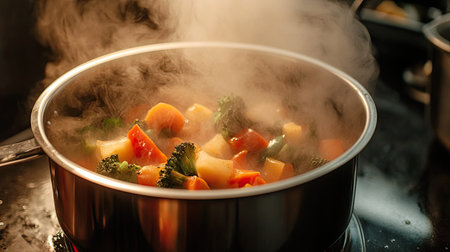 A pot of vegetables boiling on the stove, with thick steam clouding the air, capturing the lively process of cooking.の素材