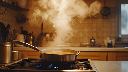A pot of broth boiling on a stove, with rising steam fogging up the background, creating a warm, comforting kitchen scene.の素材