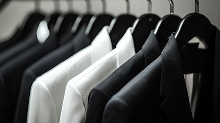 A row of minimalist black and white jackets and shirts hanging neatly on hangers, offering a monochromatic fashion vibe.の素材