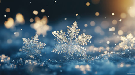 A photograph of snowflakes falling gently through the air, with several flakes in focus, showing their intricate crystalline shapes in mid-flight.の素材