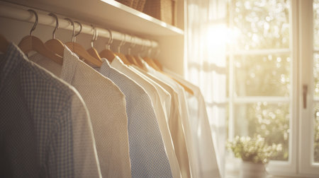 A row of freshly ironed shirts hanging on wooden hangers in a bright, airy closet, with soft natural light streaming through a window.の素材