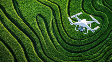 A drone hovering above a rice field, capturing the symmetry of the planted rows and the tranquil agricultural scene below. --chaosの素材