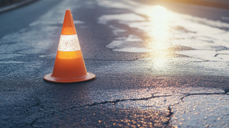 Bright orange traffic cone with reflective stripes, standing on cracked asphalt, symbolizing caution or road safety. --chaosの素材