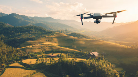 A drone equipped with a camera flying over rice paddies during harvest season, with golden crops swaying in the breeze. --chaosの素材