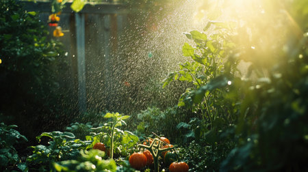 Water cascading from a sprinkler onto a vegetable patch in a summer garden, with tomatoes, cucumbers, and herbs glistening in the lightの素材
