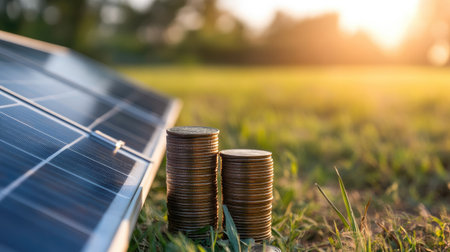 A close-up of a stack of coins next to a solar panel, symbolizing the correlation between green energy production and electricity costsの素材