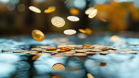 Gold coin dollars falling from above, frozen mid-air, as they rain down onto a reflective surface, representing wealth and fortuneの素材