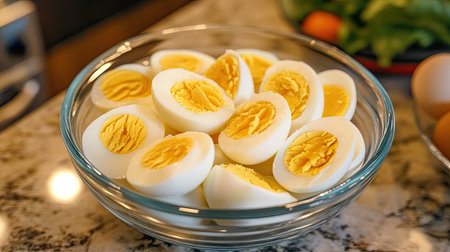 Hard-boiled eggs with cracked shells, placed in a bowl on a kitchen counter, ready to be peeled and served. --chaosの素材