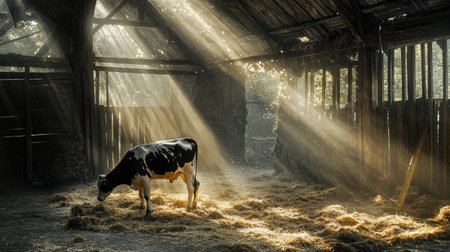 Milking a cow by hand in a rustic barn, with sunlight filtering through wooden slats and hay scattered on the floor. --chaosの素材