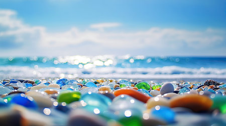 Brightly colored sea glass and stones scattered on a beach, glistening under the midday sun with waves in the background.の素材