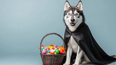 Cute husky dog in a black Dracula cape, posing beside a trick-or-treat basket filled with colorful candy and Halloween treats.の素材