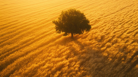 A single tree standing in the middle of a golden wheat field, captured during the golden hour, with soft sunlight casting long shadows.の素材