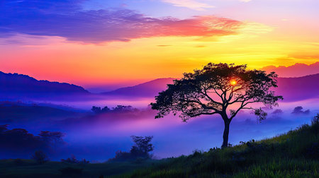 A solitary tree silhouetted against a colorful sunrise, with mist rolling through a lush valley, capturing the essence of early morning tranquility.の素材