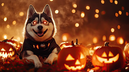 Cute husky dog dressed in a Dracula costume, surrounded by glowing jack-o'-lanterns, with a whimsical Halloween vibe in the air.の素材