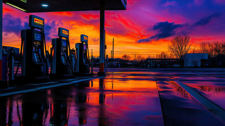 An artistic angle of gas station pumps against a colorful sunset, with reflections creating a beautiful contrast, evoking a sense of peace and serenity in everyday life.の素材